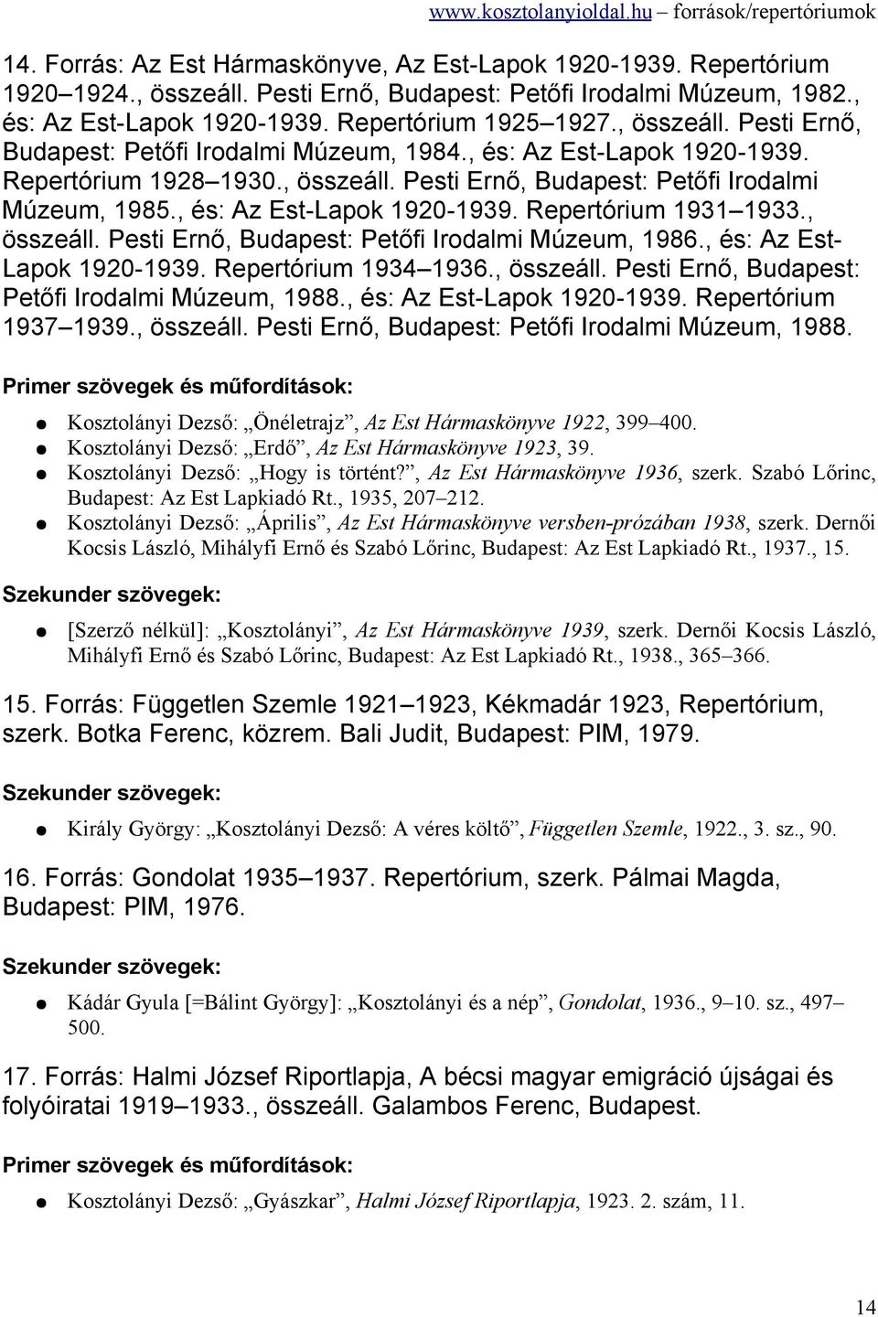 , és: Az Est-Lapok 1920-1939. Repertórium 1931 1933., összeáll. Pesti Ernő, Budapest: Petőfi Irodalmi Múzeum, 1986., és: Az Est- Lapok 1920-1939. Repertórium 1934 1936., összeáll. Pesti Ernő, Budapest: Petőfi Irodalmi Múzeum, 1988.