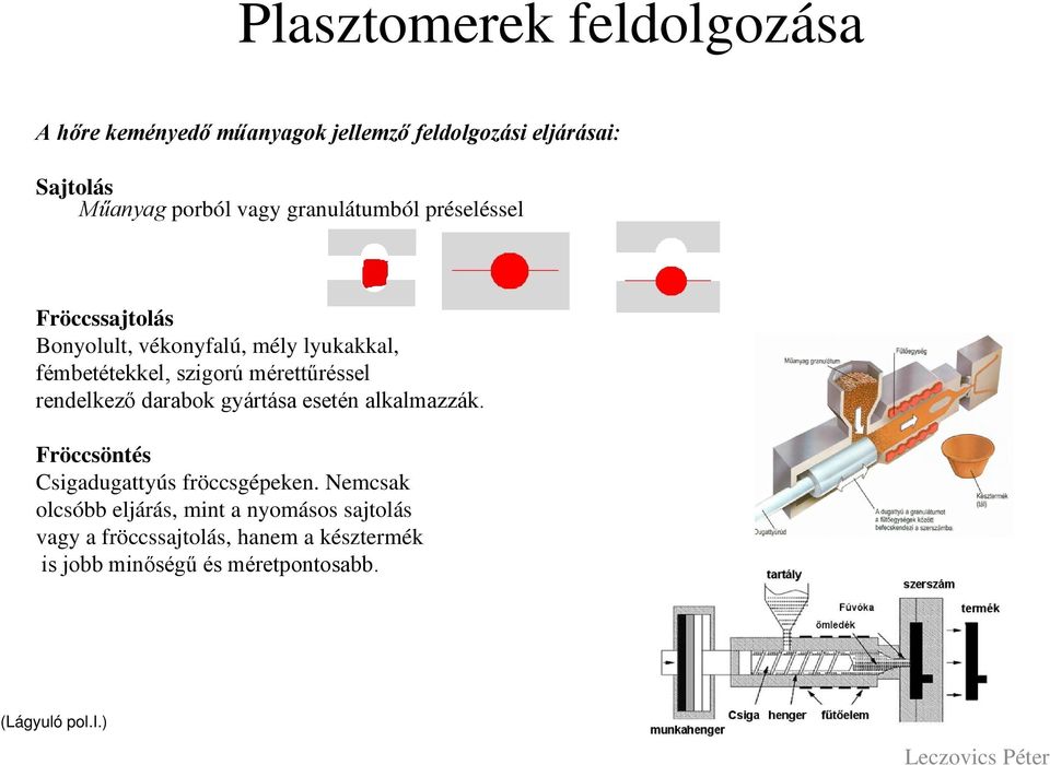 rendelkező darabok gyártása esetén alkalmazzák. Fröccsöntés Csigadugattyús fröccsgépeken.