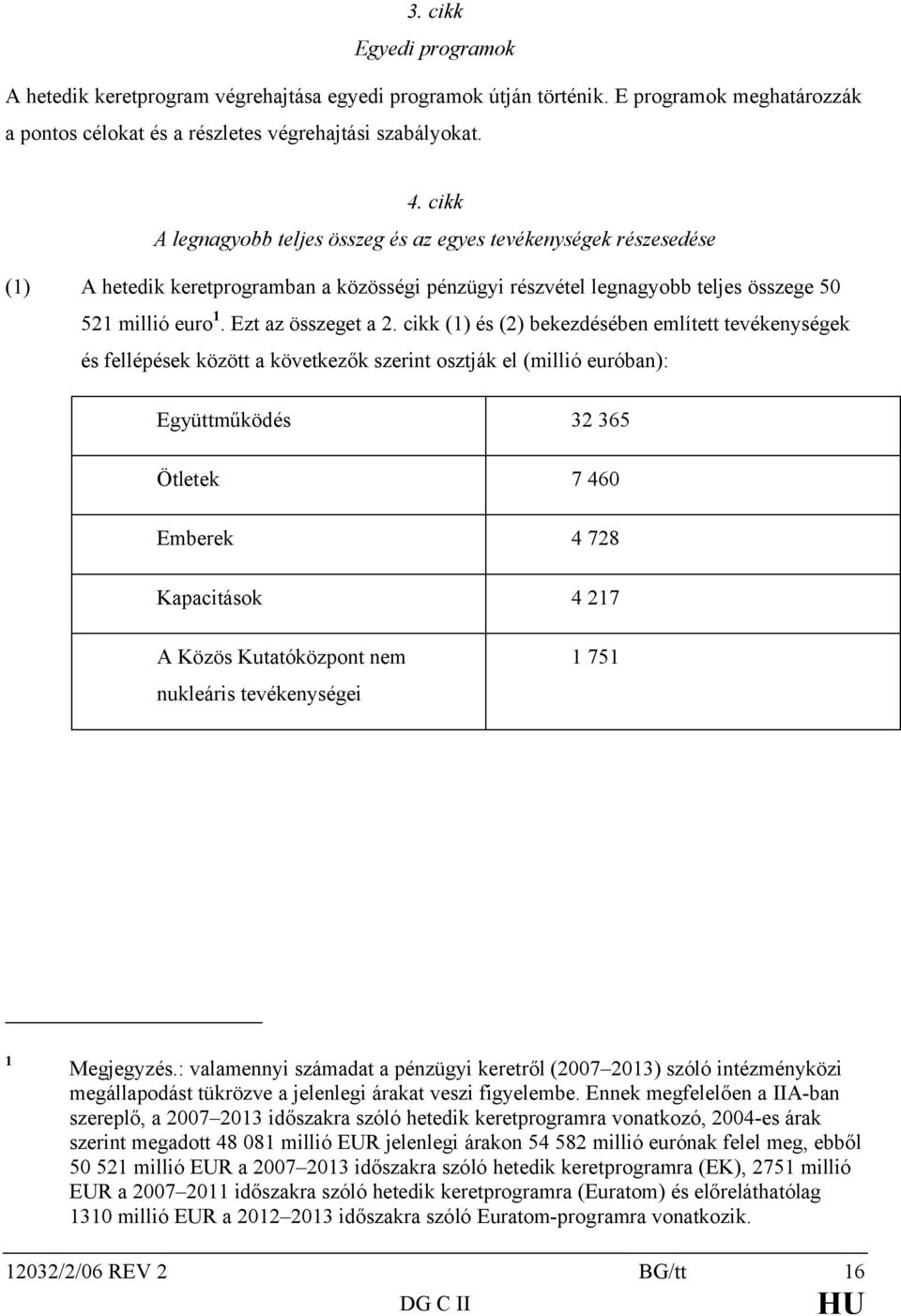 cikk (1) és (2) bekezdésében említett tevékenységek és fellépések között a következők szerint osztják el (millió euróban): Együttműködés 32 365 Ötletek 7 460 Emberek 4 728 Kapacitások 4 217 A Közös