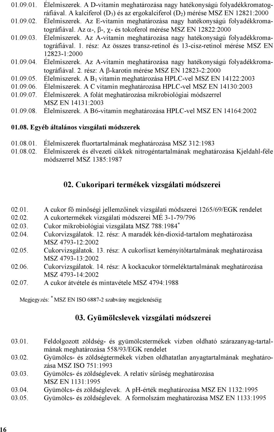 09.04. Élelmiszerek. Az A-vitamin meghatározása nagy hatékonyságú folyadékkromatográfiával. 2. rész: A β-karotin mérése MSZ EN 12823-2:2000 01.09.05. Élelmiszerek. A B 1 vitamin meghatározása HPLC-vel MSZ EN 14122:2003 01.