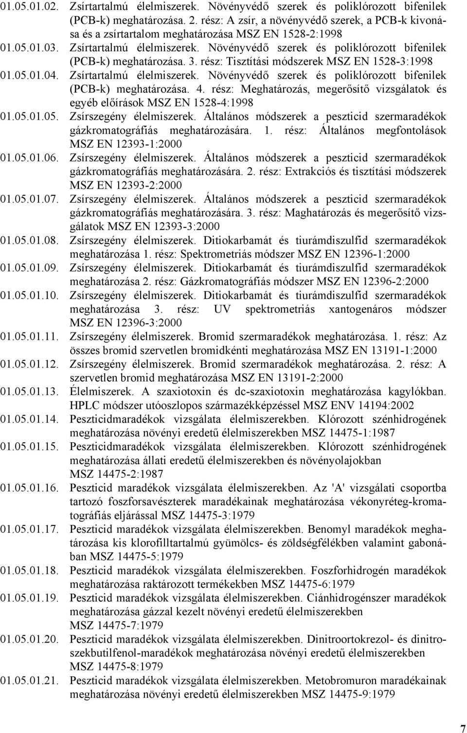 Növényvédő szerek és poliklórozott bifenilek (PCB-k) meghatározása. 3. rész: Tisztítási módszerek MSZ EN 1528-3:1998 01.05.01.04. Zsírtartalmú élelmiszerek.