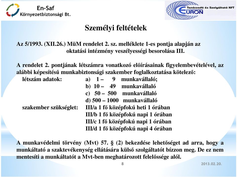 50 500 munkavállaló d) 500 1000 munkavállaló szakember szükséglet: III/a 1 fő középfokú heti 1 órában III/b 1 fő középfokú napi 1 órában III/c 1 fő középfokú napi 1 órában III/d 1 fő középfokú napi 4