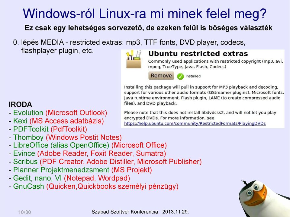 IRODA - Evolution (Microsoft Outlook) - Kexi (MS Access adatbázis) - PDFToolkit (PdfToolkit) - Thomboy (Windows Postit Notes) - LibreOffice (alias