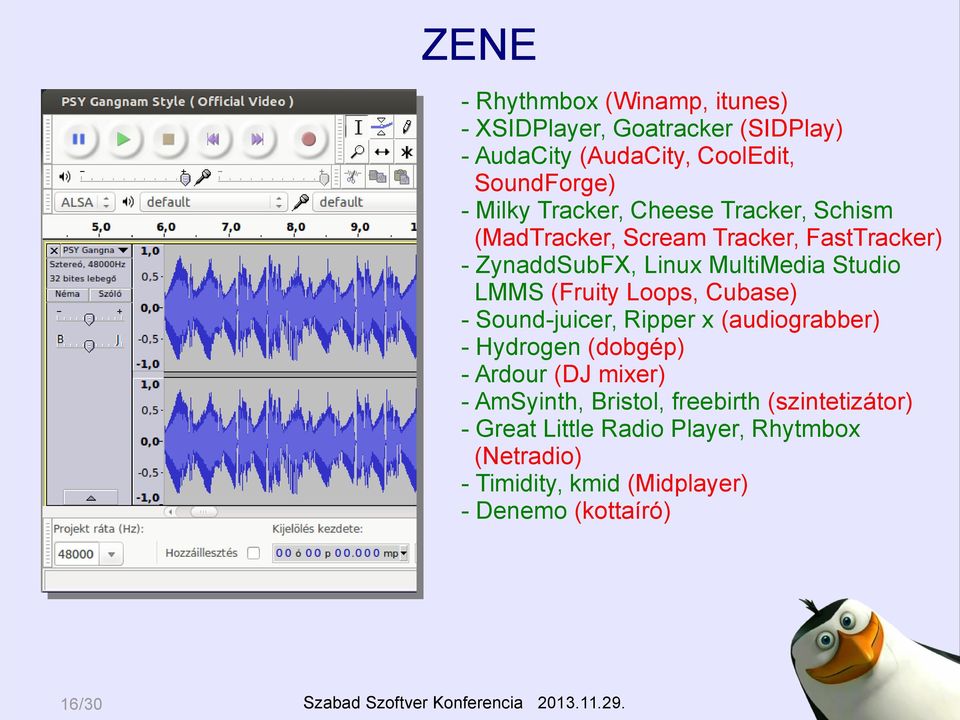 (Fruity Loops, Cubase) - Sound-juicer, Ripper x (audiograbber) - Hydrogen (dobgép) - Ardour (DJ mixer) - AmSyinth,