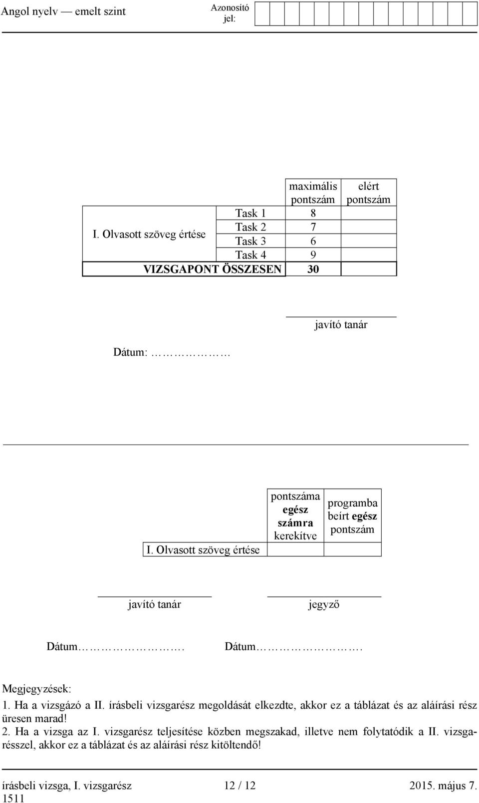 Ha a vizsgázó a II. írásbeli vizsgarész megoldását elkezdte, akkor ez a táblázat és az aláírási rész üresen marad! 2. Ha a vizsga az I.