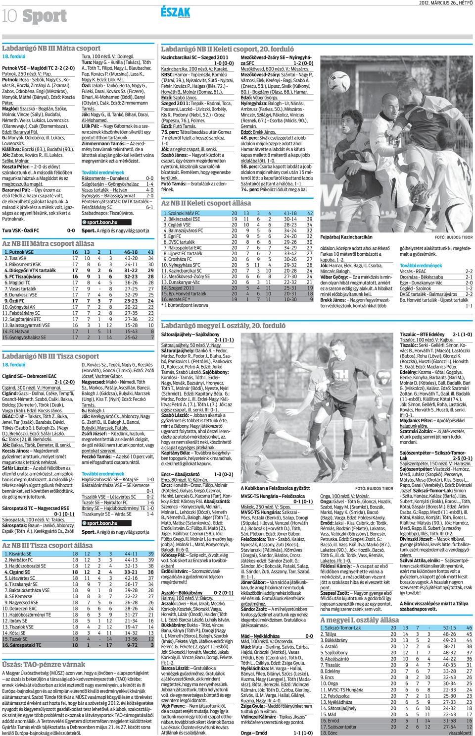 Maglód: Szacskó - Bogdán, Szőke, Molnár, Vincze (Sályi), Budafai, Németh, Weisz, Lukács, Lovrencsics (Olanrewaju), Csák (Bornemissza). Edző: Baranyai Pál. G.: Monyók, Odrobéna, ill.