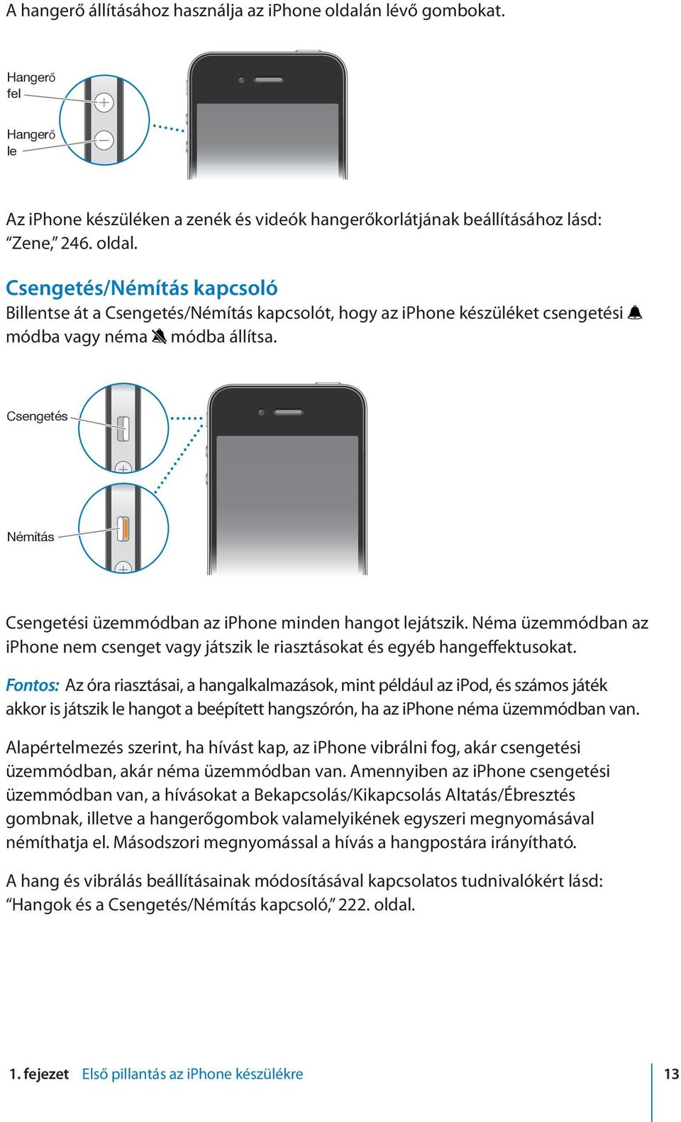 Fontos: Az óra riasztásai, a hangalkalmazások, mint például az ipod, és számos játék akkor is játszik le hangot a beépített hangszórón, ha az iphone néma üzemmódban van.