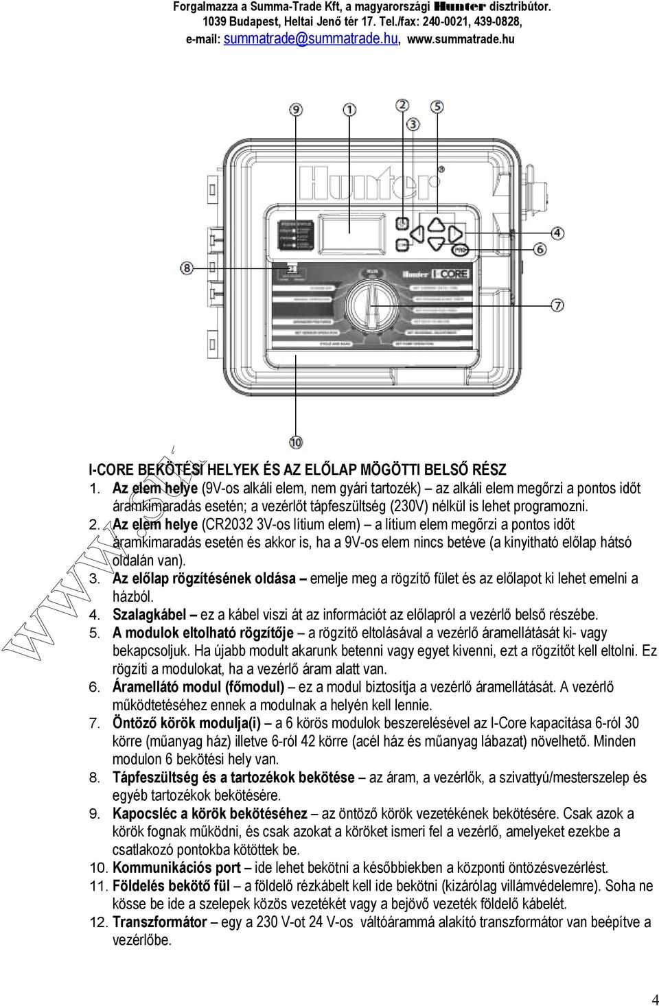 Az elem helye (CR2032 3V-os lítium elem) a lítium elem megőrzi a pontos időt áramkimaradás esetén és akkor is, ha a 9V-os elem nincs betéve (a kinyitható előlap hátsó oldalán van). 3. Az előlap rögzítésének oldása emelje meg a rögzítő fület és az előlapot ki lehet emelni a házból.