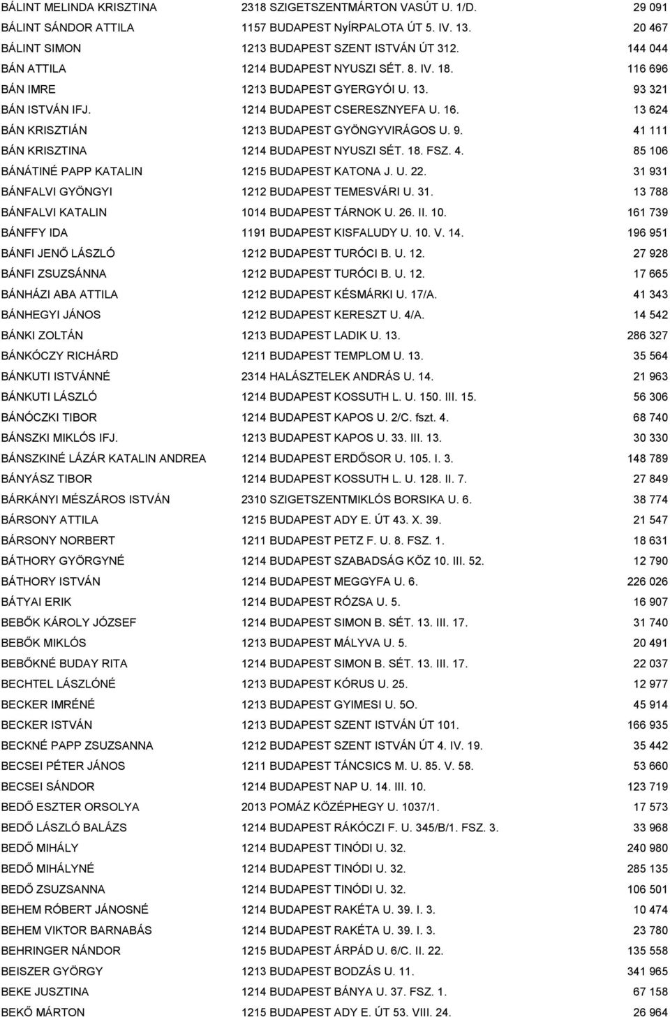 13 624 BÁN KRISZTIÁN 1213 BUDAPEST GYÖNGYVIRÁGOS U. 9. 41 111 BÁN KRISZTINA 1214 BUDAPEST NYUSZI SÉT. 18. FSZ. 4. 85 106 BÁNÁTINÉ PAPP KATALIN 1215 BUDAPEST KATONA J. U. 22.