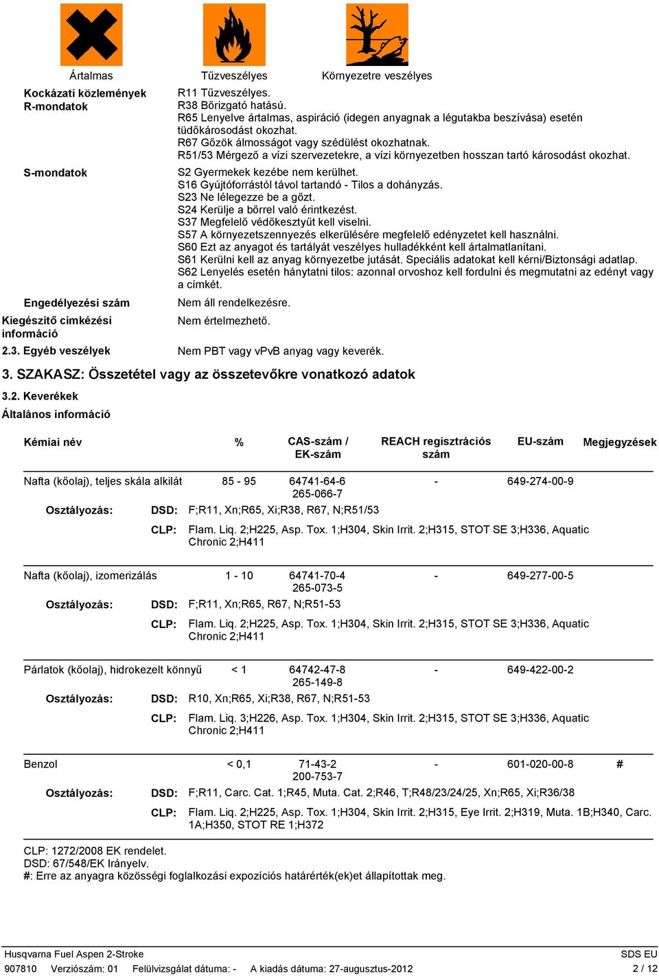 R51/5 Mérgező a vízi szervezetekre, a vízi környezetben hosszan tartó károsodást okozhat. S2 Gyermekek kezébe nem kerülhet. S16 Gyújtóforrástól távol tartandó Tilos a dohányzás.