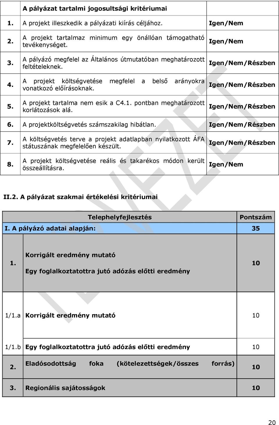 pontban meghatározott korlátozások alá. Igen/Nem Igen/Nem/Részben Igen/Nem/Részben Igen/Nem/Részben 6. A projektköltségvetés számszakilag hibátlan. Igen/Nem/Részben 7. 8.