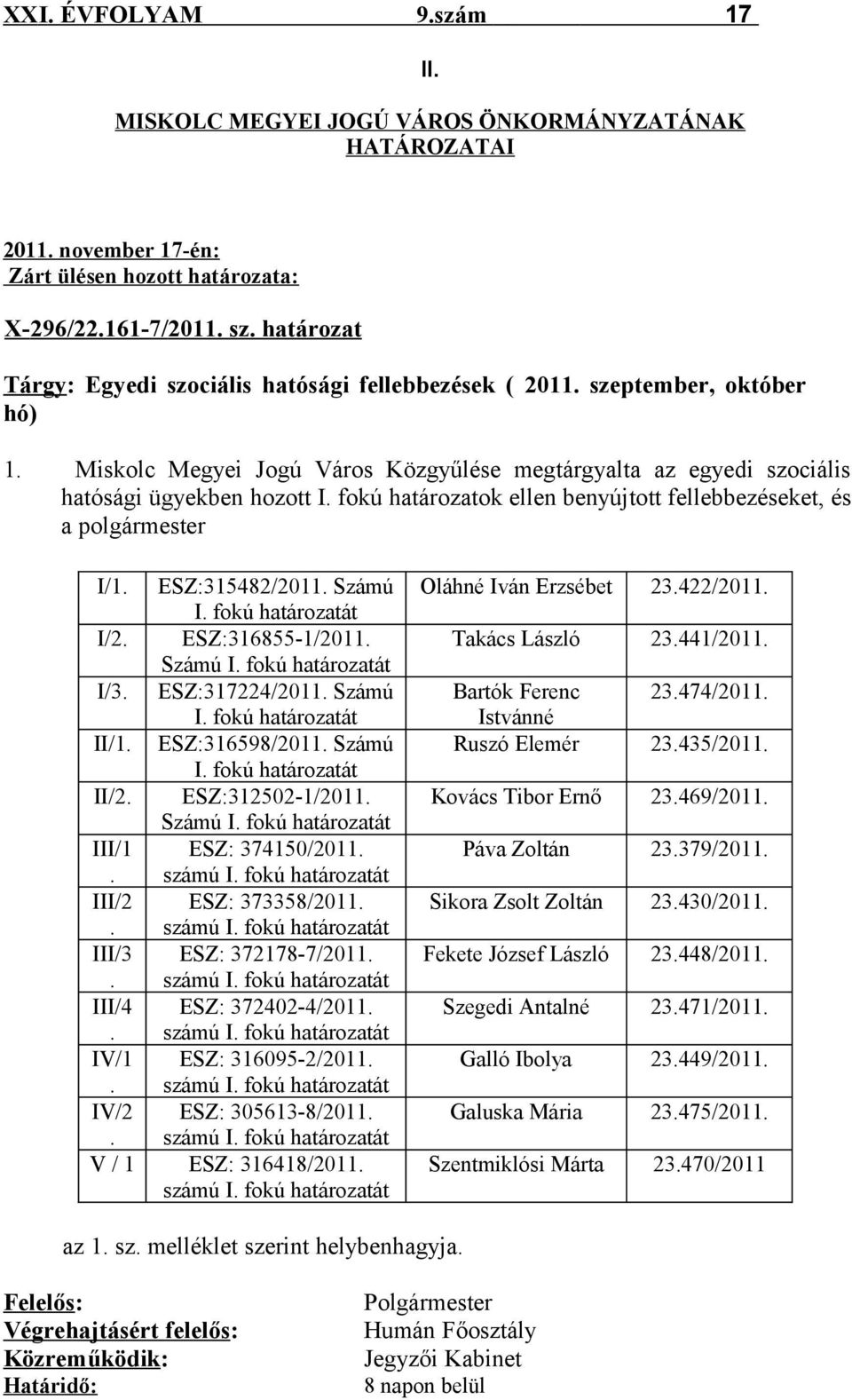 fokú határozatok ellen benyújtott fellebbezéseket, és a polgármester I/1. ESZ:315482/2011. Számú I. fokú határozatát I/2. ESZ:316855-1/2011. Számú I. fokú határozatát I/3. ESZ:317224/2011. Számú I. fokú határozatát II/1.