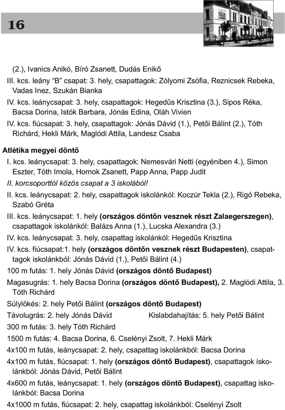 ), Tóth Richárd, Hekli Márk, Maglódi Attila, Landesz Csaba. Atlétika megyei döntõ I. kcs. leánycsapat: 3. hely, csapattagok: Nemesvári Netti (egyéniben 4.