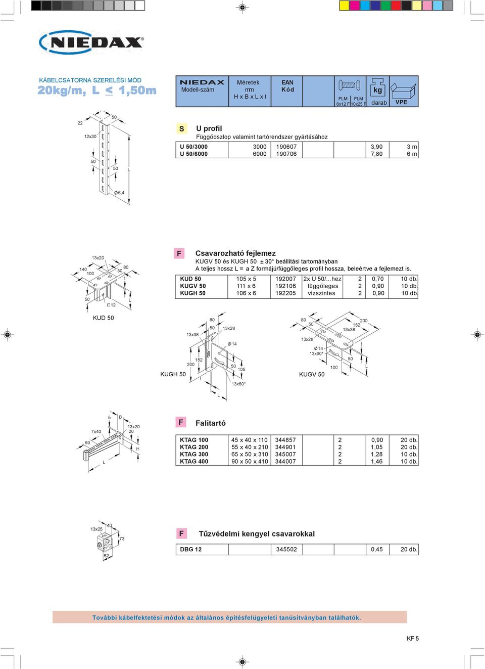 KUD 50 105 x 5 192007 2x U 50/...hez 2 0,70 10 db. KUGV 50 111 x 6 192106 függőleges 2 0,90 10 db. KUGH 50 106 x 6 192205 vízszintes 2 0,90 10 db.