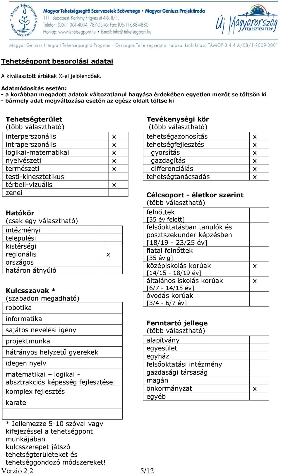 választható) interperszonális intraperszonális logikai-matematikai nyelvészeti természeti testi-kinesztetikus térbeli-vizuális zenei Hatókör (csak egy választható) intézményi települési kistérségi