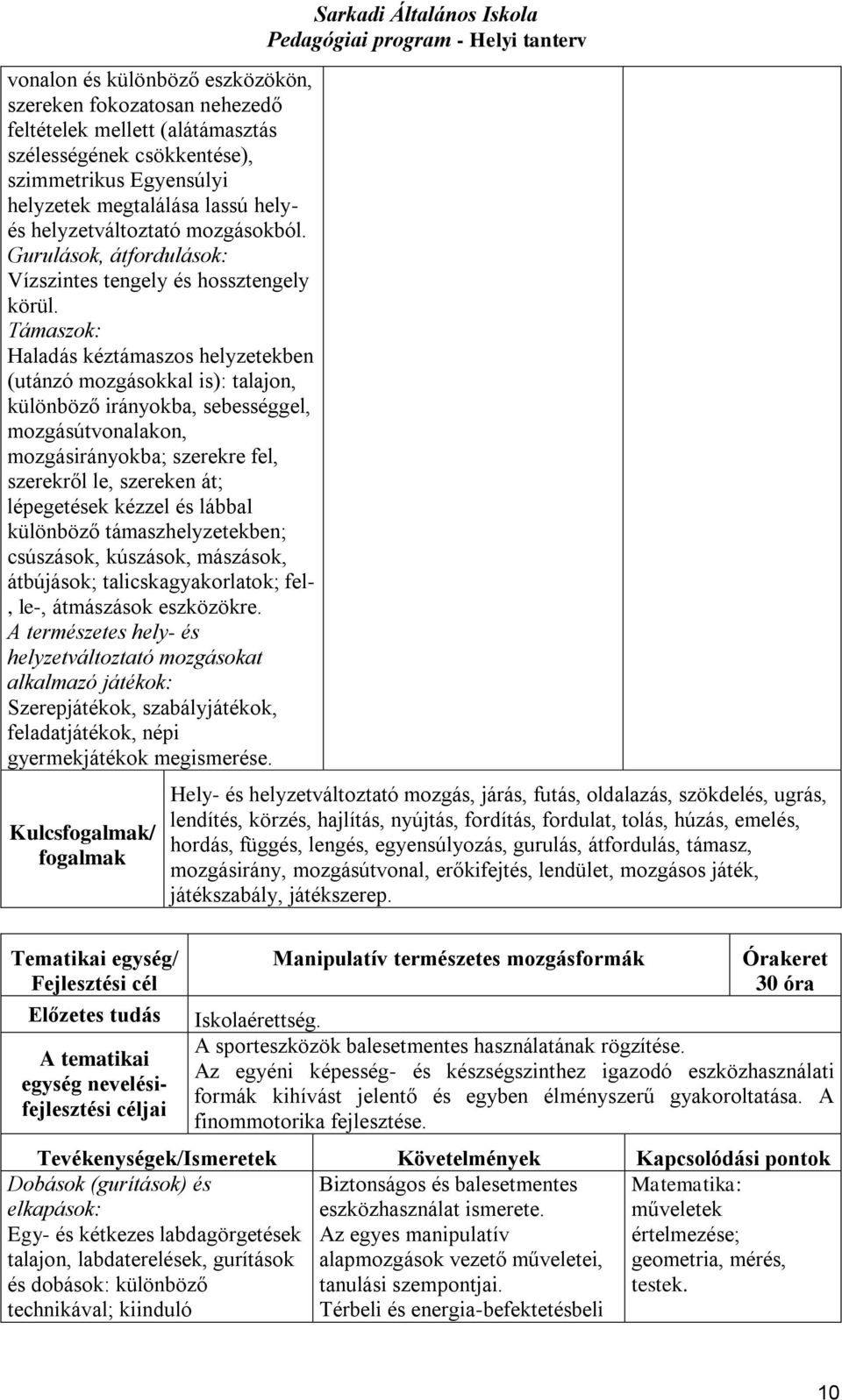 Támaszok: Haladás kéztámaszos helyzetekben (utánzó mozgásokkal is): talajon, különböző irányokba, sebességgel, mozgásútvonalakon, mozgásirányokba; szerekre fel, szerekről le, szereken át; lépegetések