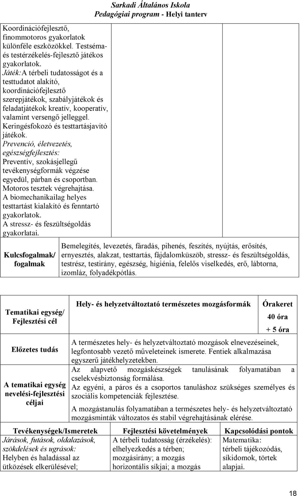 Keringésfokozó és testtartásjavító játékok. Prevenció, életvezetés, egészségfejlesztés: Preventív, szokásjellegű tevékenységformák végzése egyedül, párban és csoportban. Motoros tesztek végrehajtása.