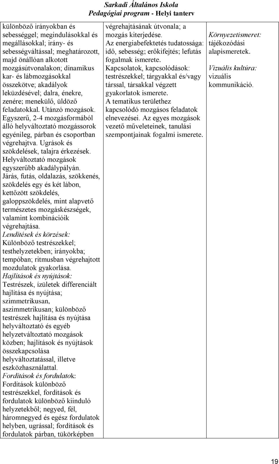 Egyszerű, 2-4 mozgásformából álló helyváltoztató mozgássorok egyénileg, párban és csoportban végrehajtva. Ugrások és szökdelések, talajra érkezések. Helyváltoztató mozgások egyszerűbb akadálypályán.