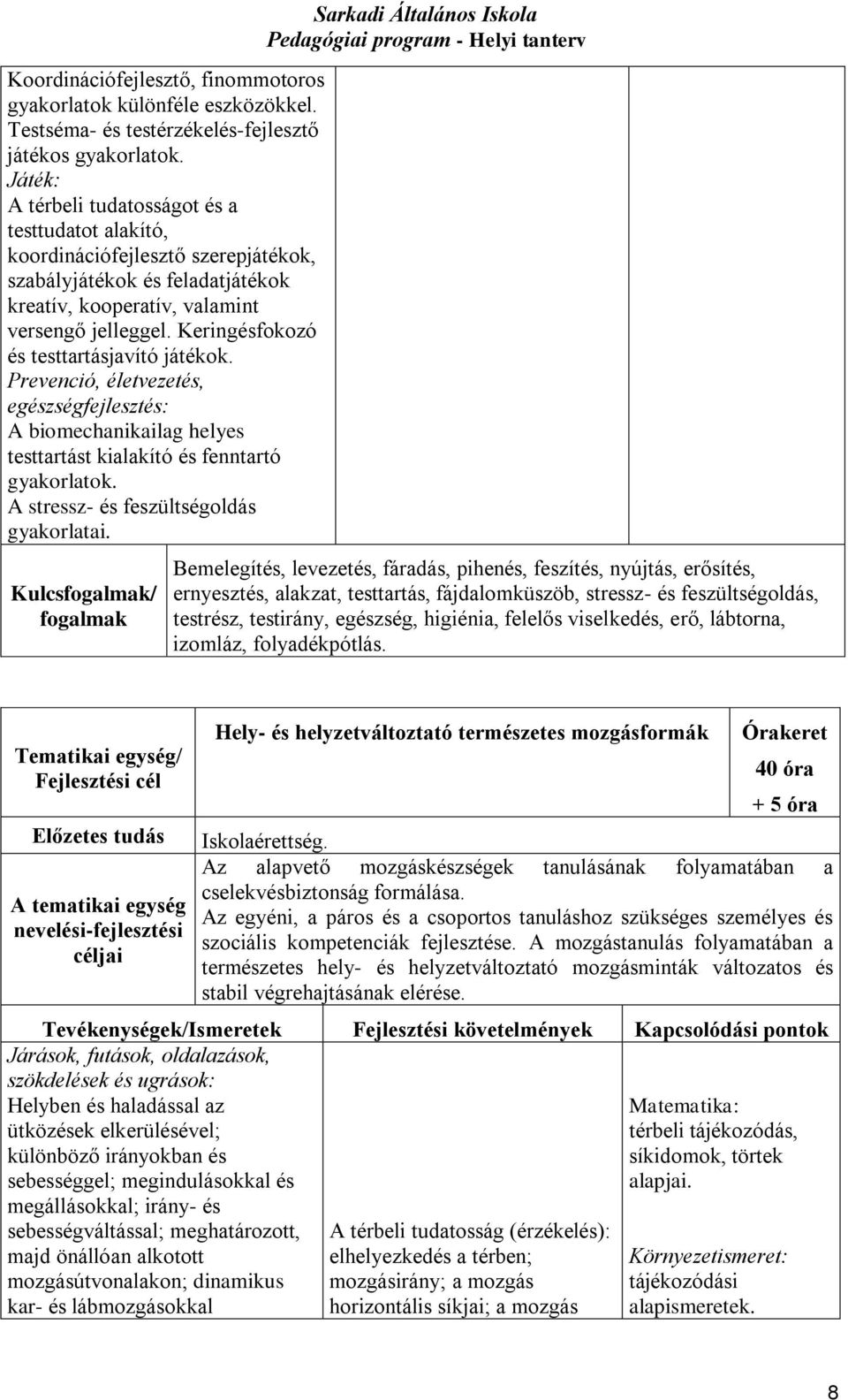 Keringésfokozó és testtartásjavító játékok. Prevenció, életvezetés, egészségfejlesztés: A biomechanikailag helyes testtartást kialakító és fenntartó gyakorlatok.