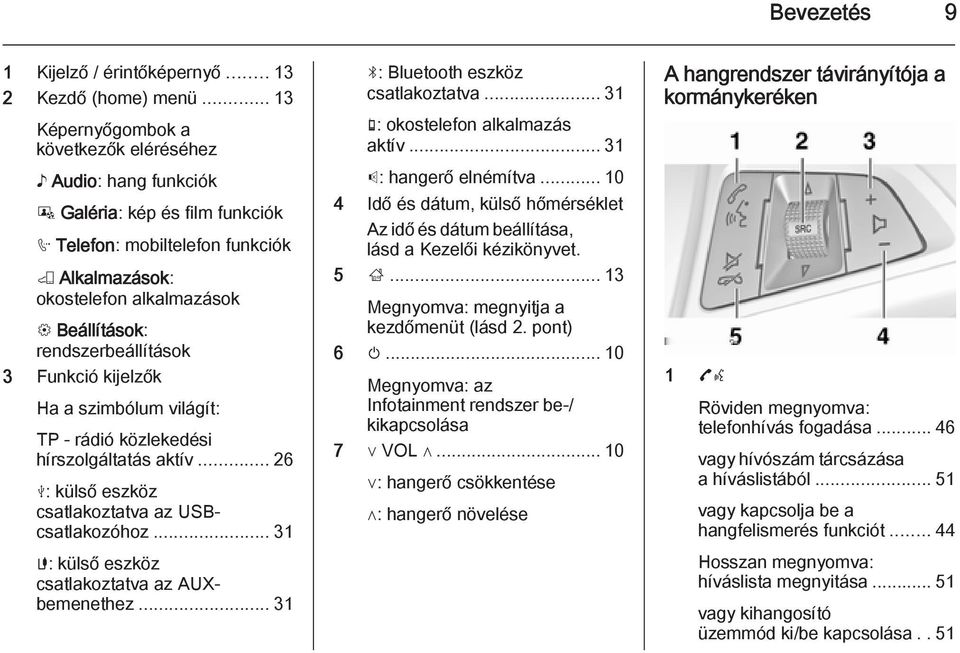 rendszerbeállítások 3 Funkció kijelzők Ha a szimbólum világít: TP - rádió közlekedési hírszolgáltatás aktív... 26 M: külső eszköz csatlakoztatva az USBcsatlakozóhoz.