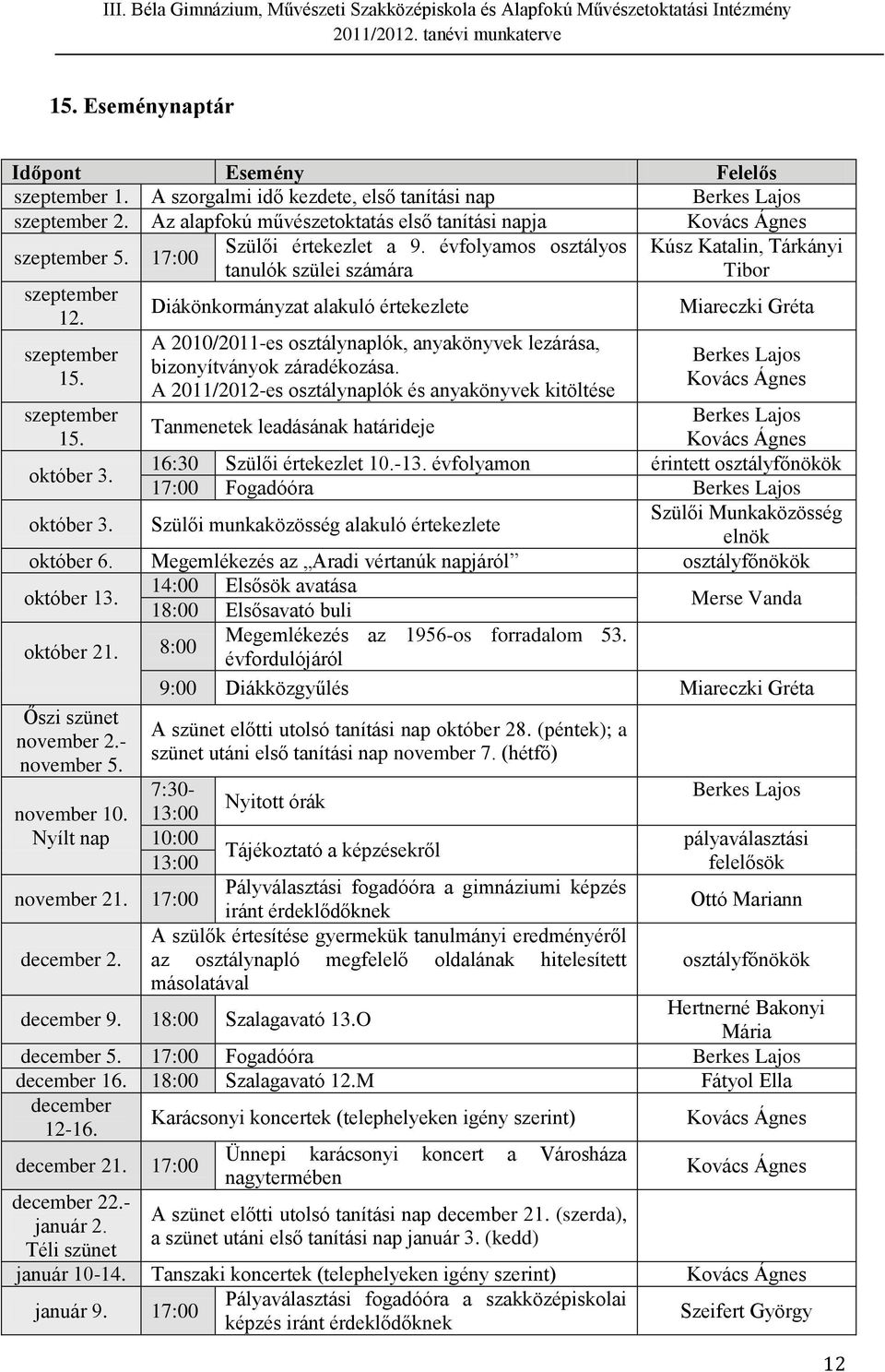 A 2011/2012-es osztálynaplók és anyakönyvek kitöltése Kúsz Katalin, Tárkányi Tibor Miareczki Gréta szeptember Tanmenetek leadásának határideje 15. október 3. 16:30 Szülői értekezlet 10.-13.