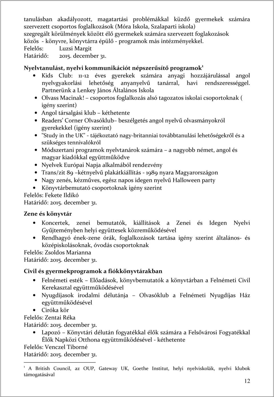 Felelős: Luzsi Margit Nyelvtanulást, nyelvi kommunikációt népszerűsítő programok 1 Kids Club: 11-12 éves gyerekek számára anyagi hozzájárulással angol nyelvgyakorlási lehetőség anyanyelvű tanárral,