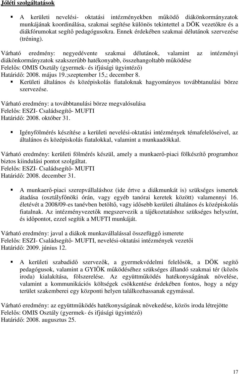 Várható eredmény: negyedévente szakmai délutánok, valamint az intézményi diákönkormányzatok szakszerőbb hatékonyabb, összehangoltabb mőködése Felelıs: OMIS Osztály (gyermek- és ifjúsági ügyintézı)