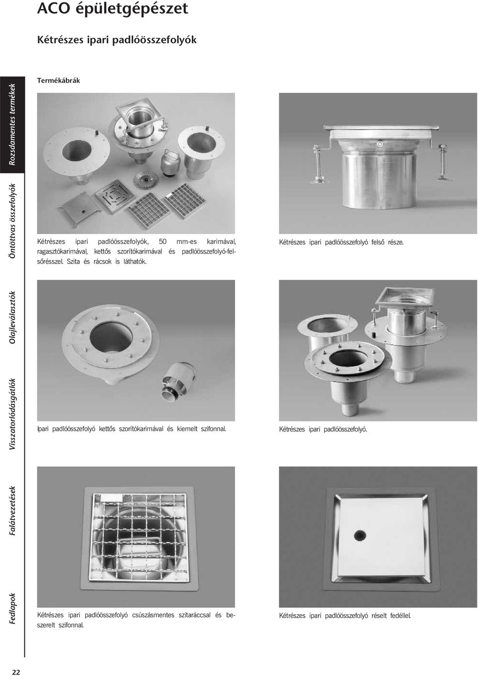 Szita és rácsok is láthatók. Ipari padlóösszefolyó kettõs szorítókarimával és kiemelt szifonnal.