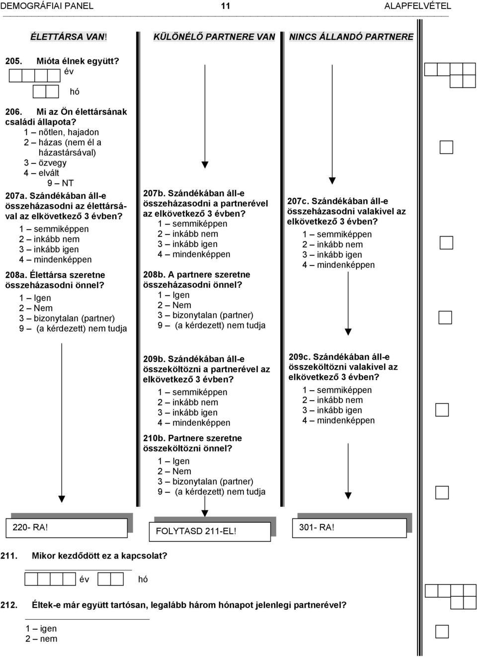 1 semmiképpen 2 inkább nem 3 inkább igen 4 mindenképpen 208a. Élettársa szeretne összeházasodni önnel? 1 Igen 2 Nem 3 bizonytalan (partner) 9 (a kérdezett) nem tudja 207b.