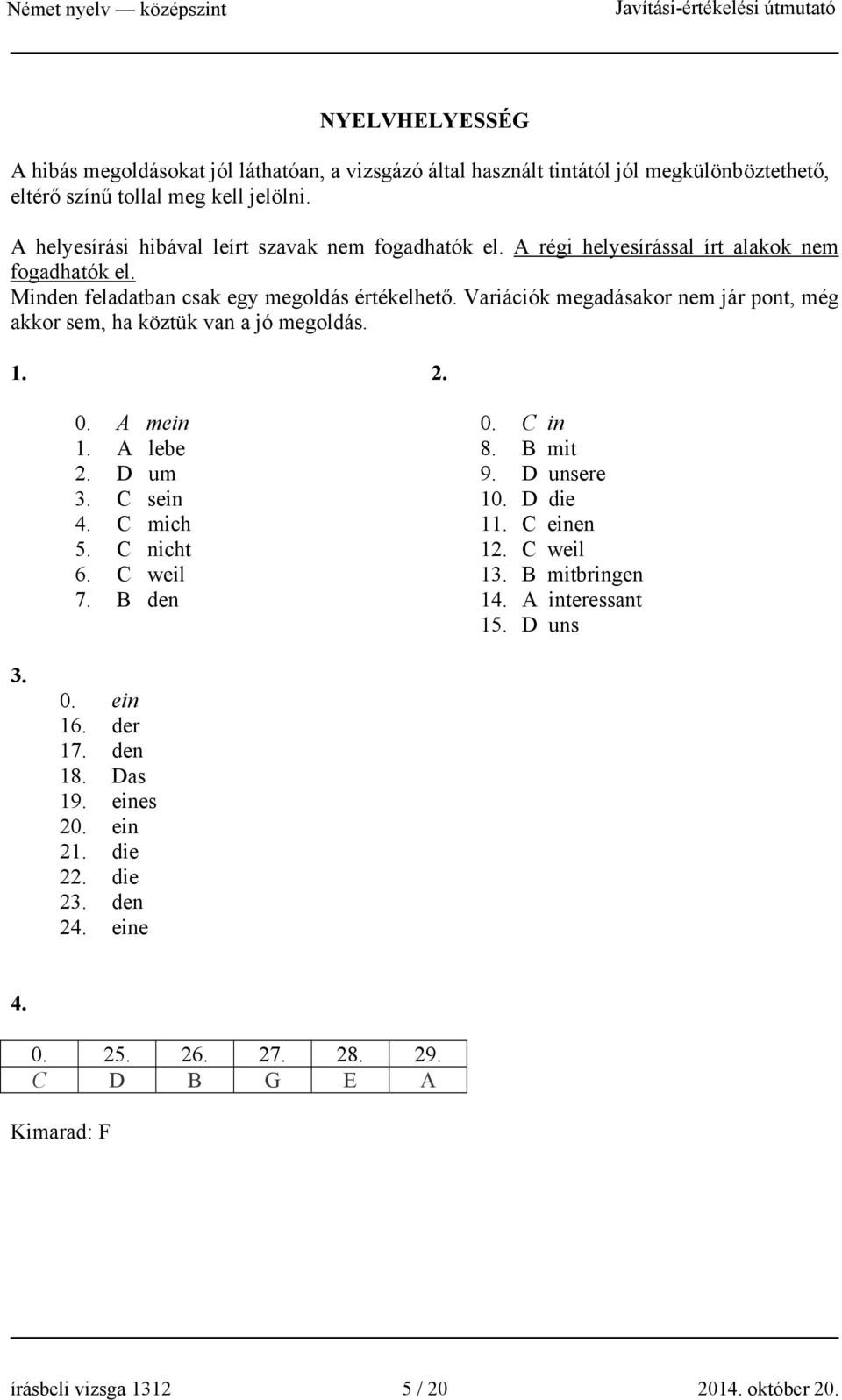 Variációk megadásakor nem jár pont, még akkor sem, ha köztük van a jó megoldás. 1. 2. 0. A mein 1. A lebe 2. D um 3. C sein 4. C mich 5. C nicht 6. C weil 7. B den 0. C in 8. B mit 9.