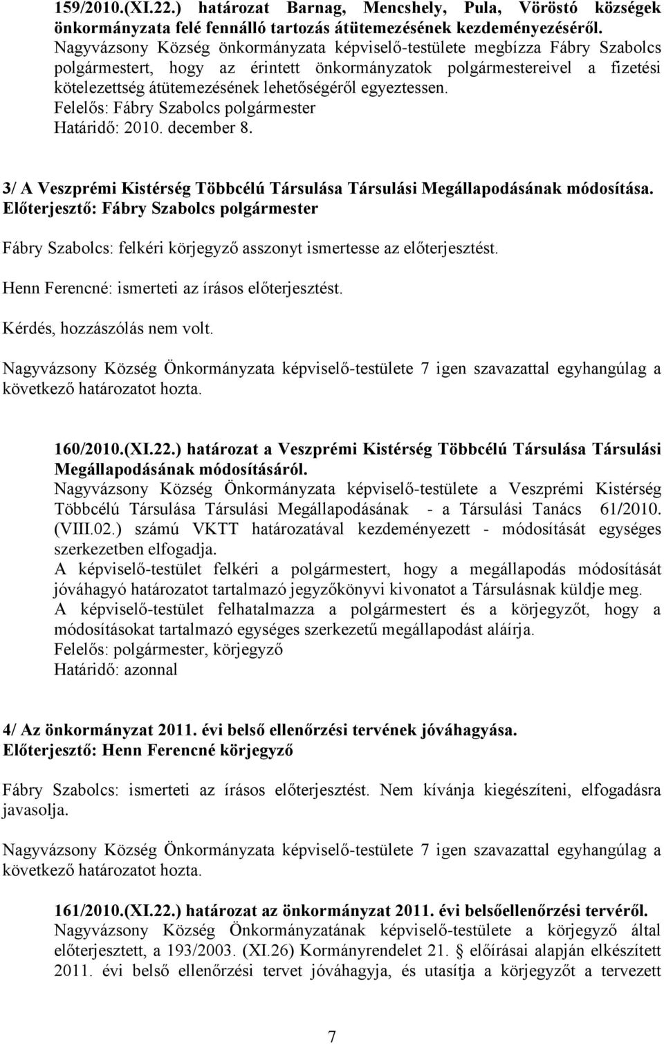 egyeztessen. Felelős: Fábry Szabolcs polgármester Határidő: 2010. december 8. 3/ A Veszprémi Kistérség Többcélú Társulása Társulási Megállapodásának módosítása.
