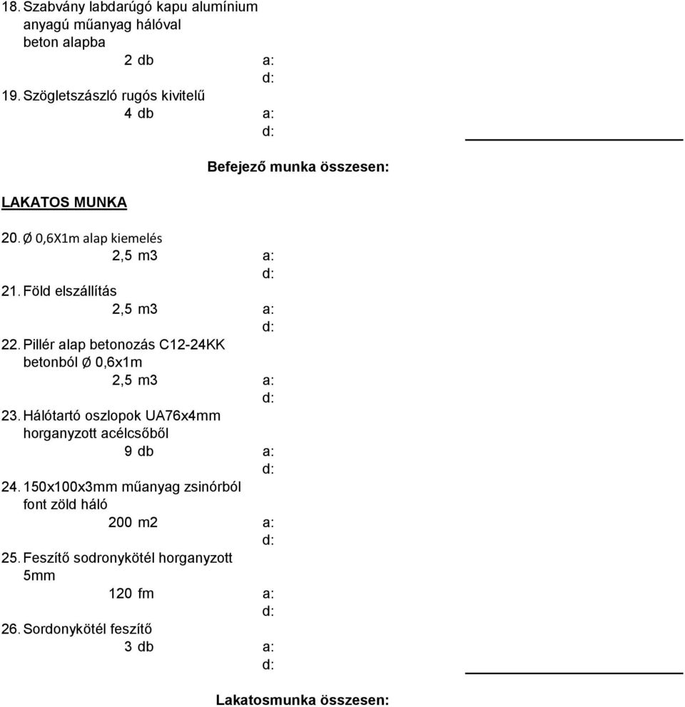 Pillér alap betonozás C12-24KK betonból Ø 0,6x1m 2,5 m3 a: 23. Hálótartó oszlopok UA76x4mm horganyzott acélcsőből 9 db a: 24.