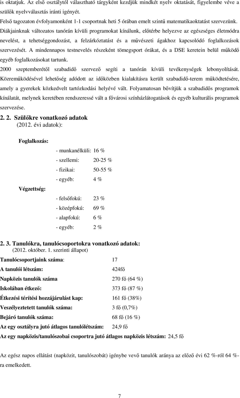 Diákjainknak változatos tanórán kívüli programokat kínálunk, előtérbe helyezve az egészséges életmódra nevelést, a tehetséggondozást, a felzárkóztatást és a művészeti ágakhoz kapcsolódó foglalkozások