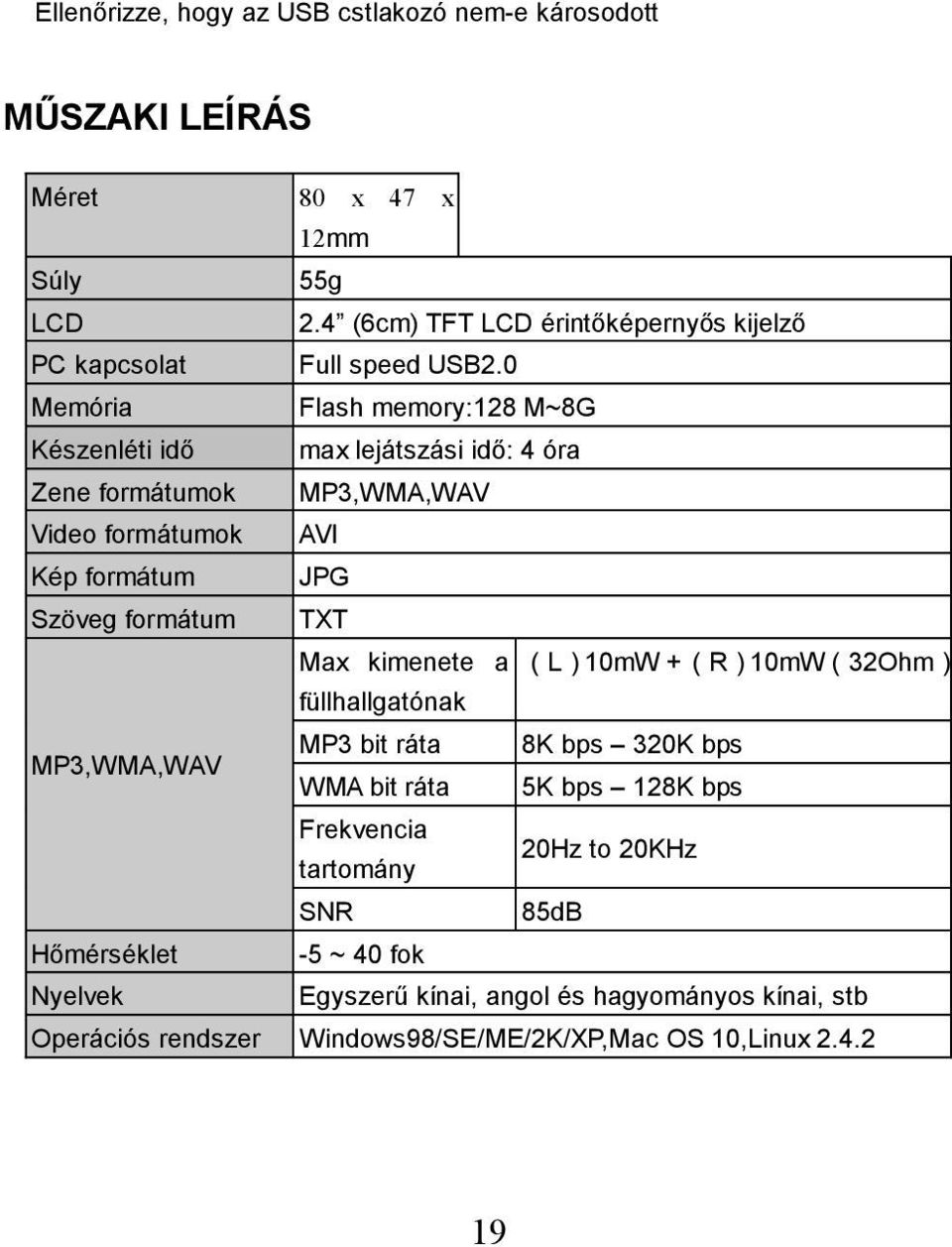 0 Memória Flash memory:128 M~8G Készenléti idő max lejátszási idő: 4 óra Zene formátumok MP3,WMA,WAV Video formátumok AVI Kép formátum JPG Szöveg formátum TXT