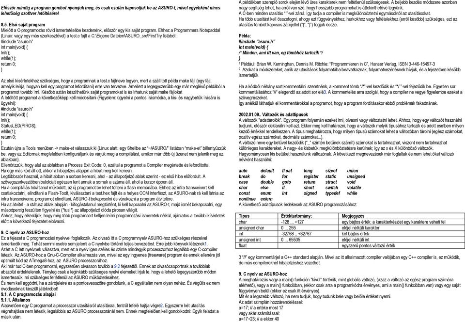 c fájlt a C:\Eigene Dateien\ASURO_src\FirstTry listából: #include asuro.h int main(void) { Init(); while(1); return 0; Az első kísérletekhez szükséges, hogy a programnak a test.