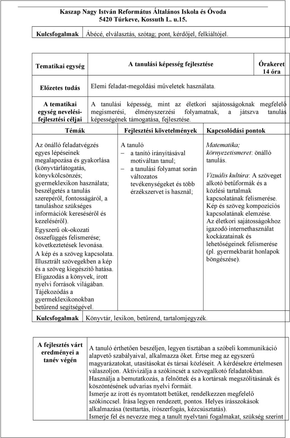 A tematikai egység nevelésifejlesztési A tanulási képesség, mint az életkori sajátosságoknak megfelelő megismerési, élményszerzési folyamatnak, a játszva tanulás képességének támogatása, fejlesztése.