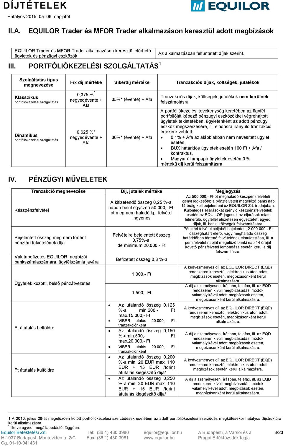 Szolgáltatás típus megnevezése Klasszikus portfóliókezelési szolgáltatás Dinamikus portfóliókezelési szolgáltatás Fix díj mértéke Sikerdíj mértéke Tranzakciós díjak, költségek, ok 0,375 % *