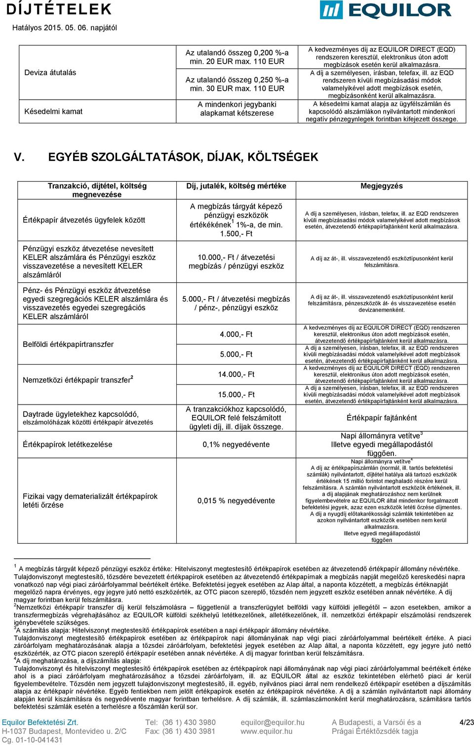 A díj a személyesen, írásban, telefax, ill. az EQD rendszeren kívüli megbízásadási módok valamelyikével adott megbízások esetén, megbízásonként kerül alkalmazásra.