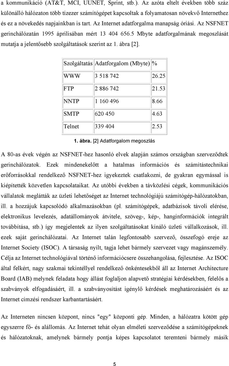 Az Internet adatforgalma manapság óriási. Az NSFNET gerinchálózatán 1995 áprilisában mért 13 404 656.5 Mbyte adatforgalmának megoszlását mutatja a jelentősebb szolgáltatások szerint az 1. ábra [2].