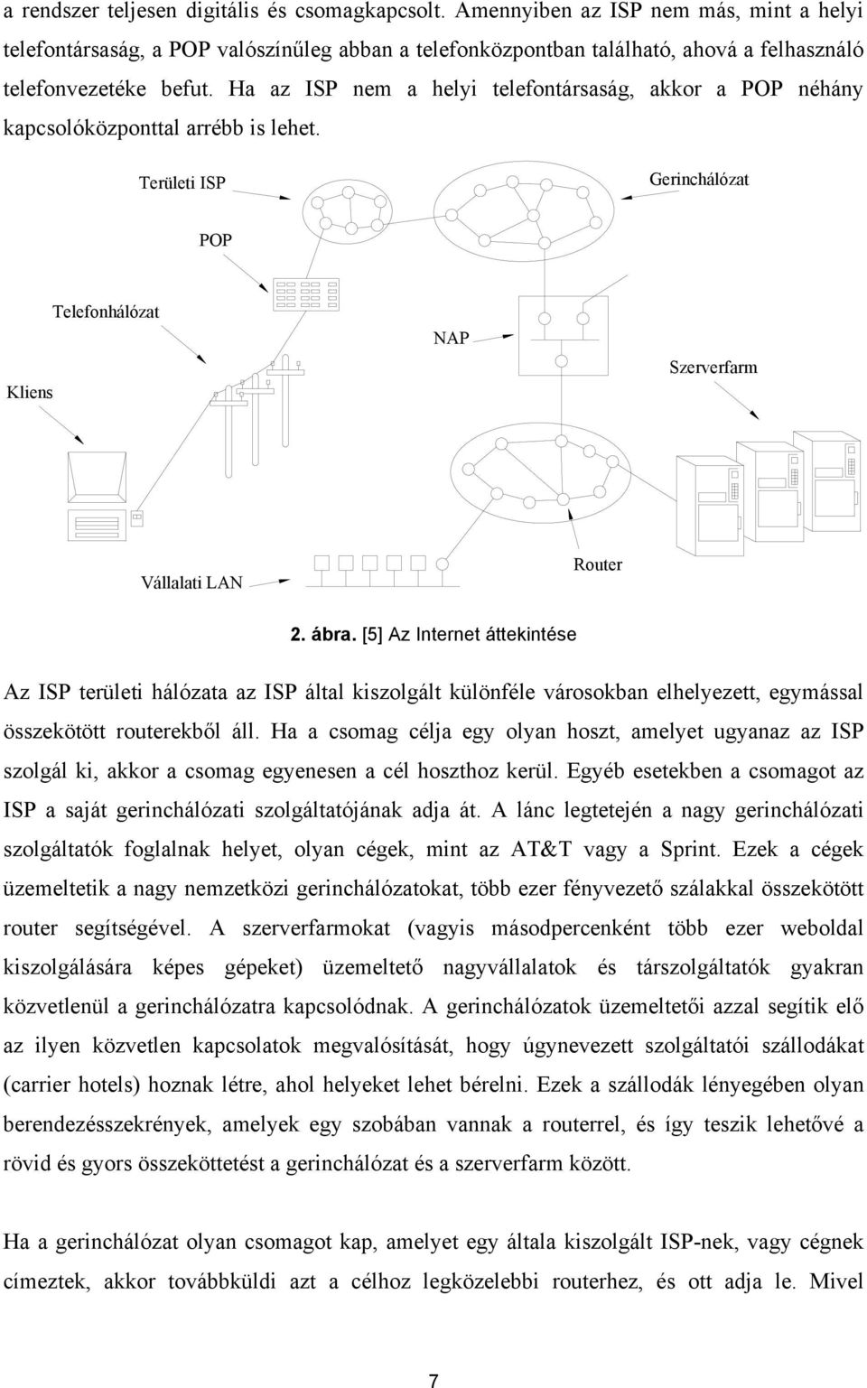 Ha az ISP nem a helyi telefontársaság, akkor a POP néhány kapcsolóközponttal arrébb is lehet. Területi ISP Gerinchálózat POP Kliens Telefonhálózat NAP Szerverfarm Vállalati LAN Router 2. ábra.