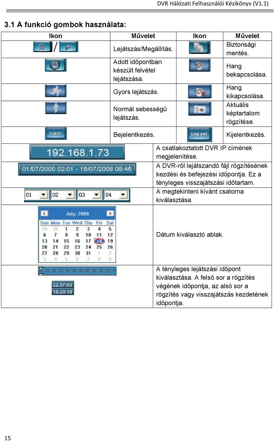 A csatlakoztatott DVR IP címének megjelenítése. A DVR-ről lejátszandó fájl rögzítésének kezdési és befejezési időpontja. Ez a tényleges visszajátszási időtartam.