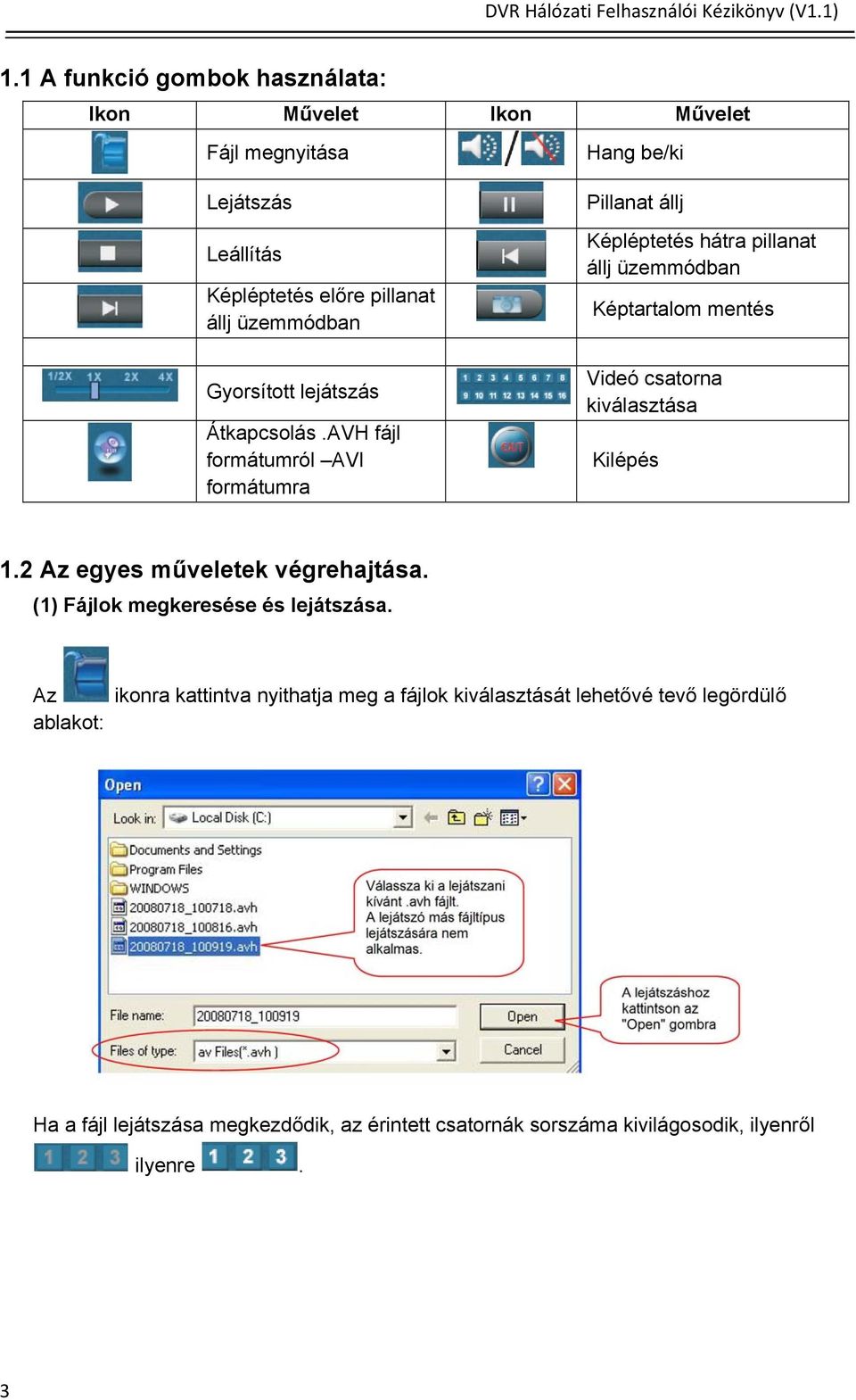 AVH fájl formátumról AVI formátumra Pillanat állj Képléptetés hátra pillanat állj üzemmódban Képtartalom mentés Videó csatorna kiválasztása Kilépés