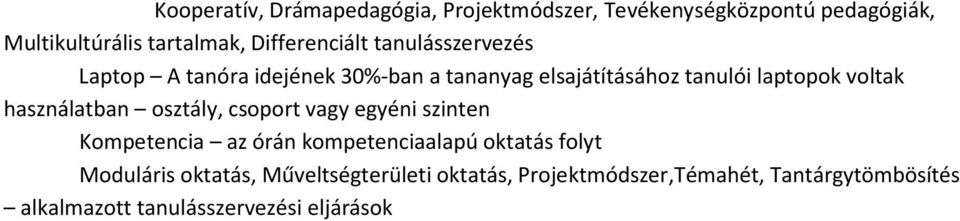 voltak használatban osztály, csoport vagy egyéni szinten Kompetencia az órán kompetenciaalapú oktatás folyt