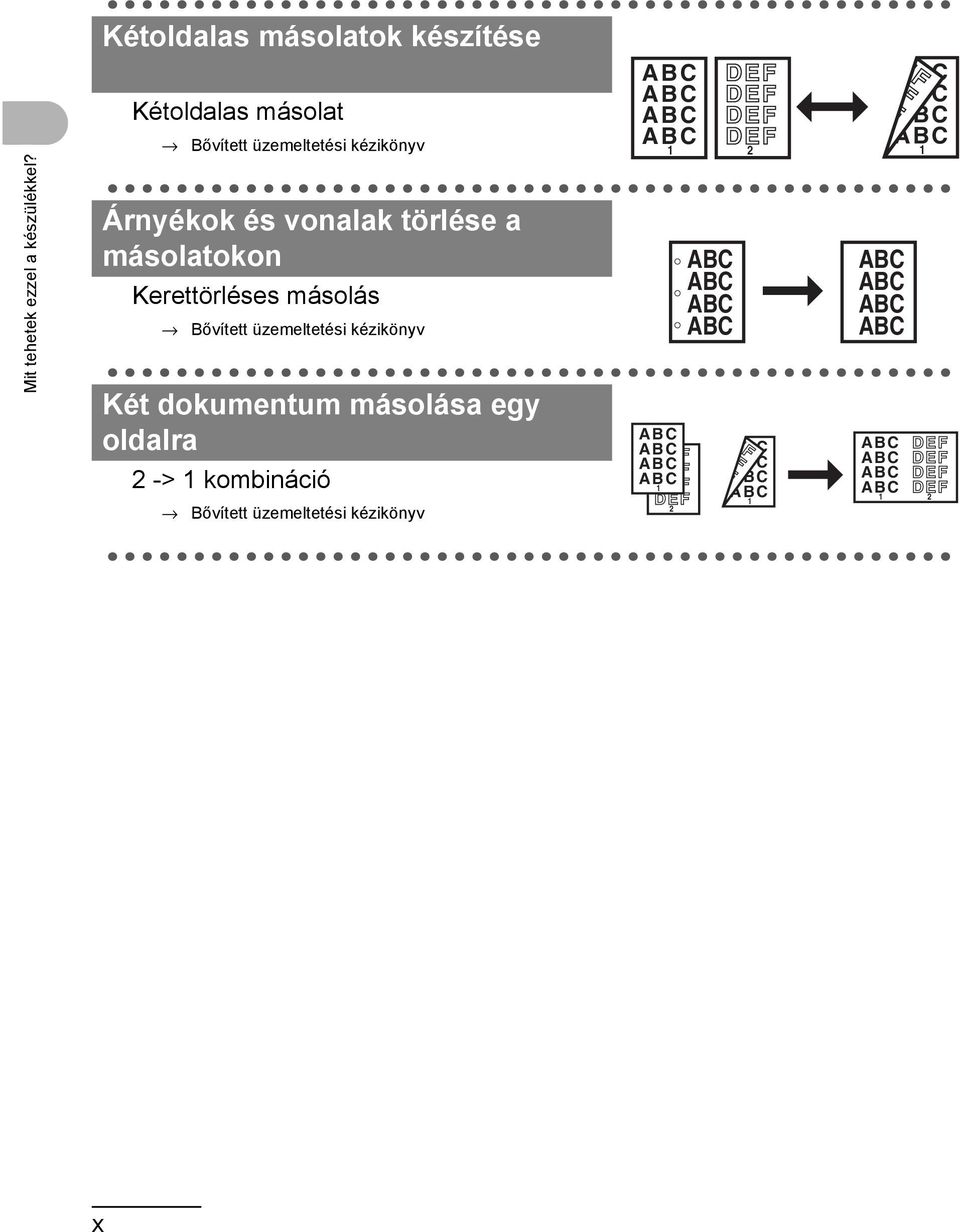 Kerettörléses másolás Bővített üzemeltetési kézikönyv Két dokumentum másolása egy oldalra 2 -> 1 kombináció Bővített