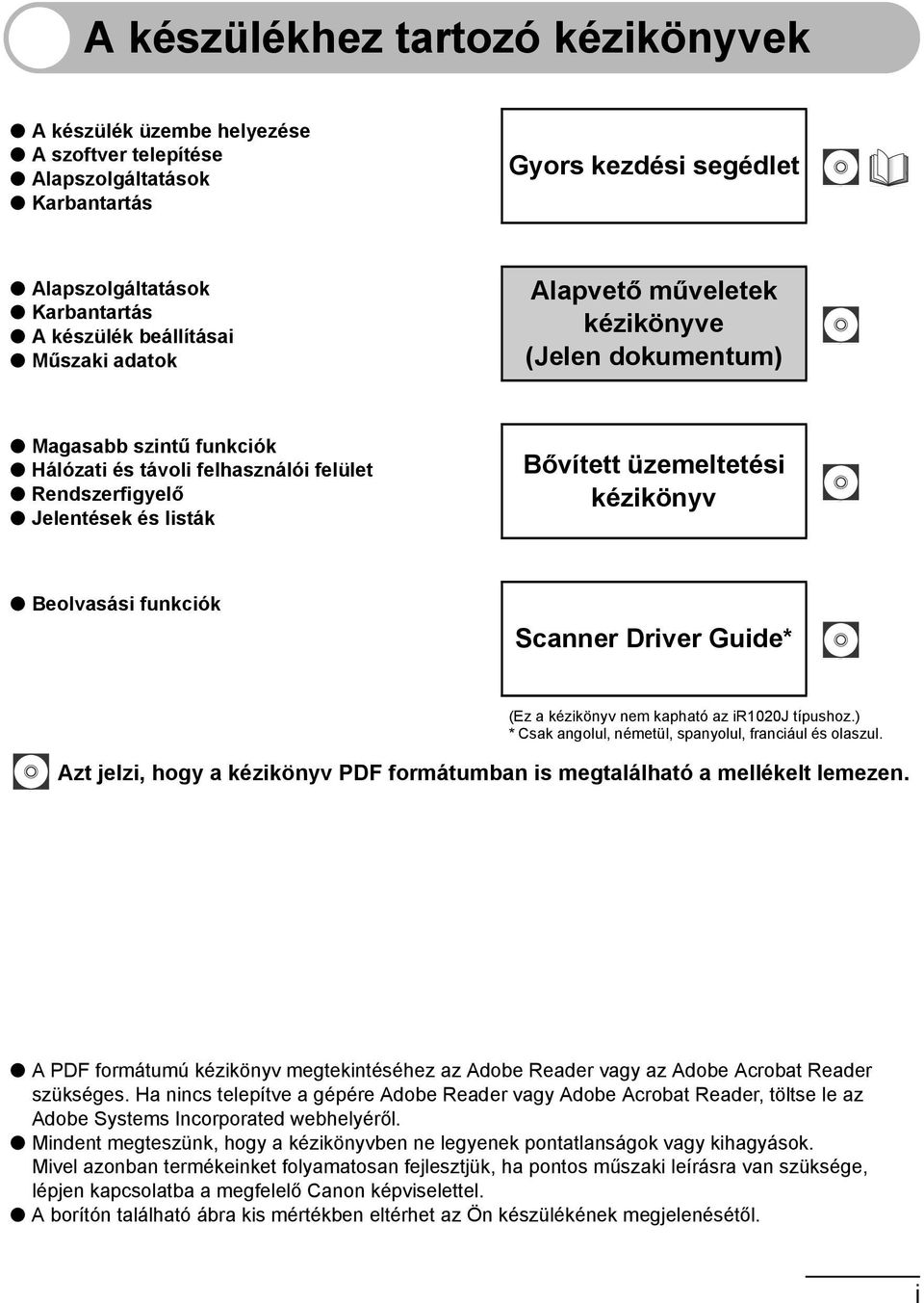 üzemeltetési kézikönyv CD-ROM Beolvasási funkciók Scanner Driver Guide* CD-ROM CD-ROM (Ez a kézikönyv nem kapható az ir1020j típushoz.) * Csak angolul, németül, spanyolul, franciául és olaszul.