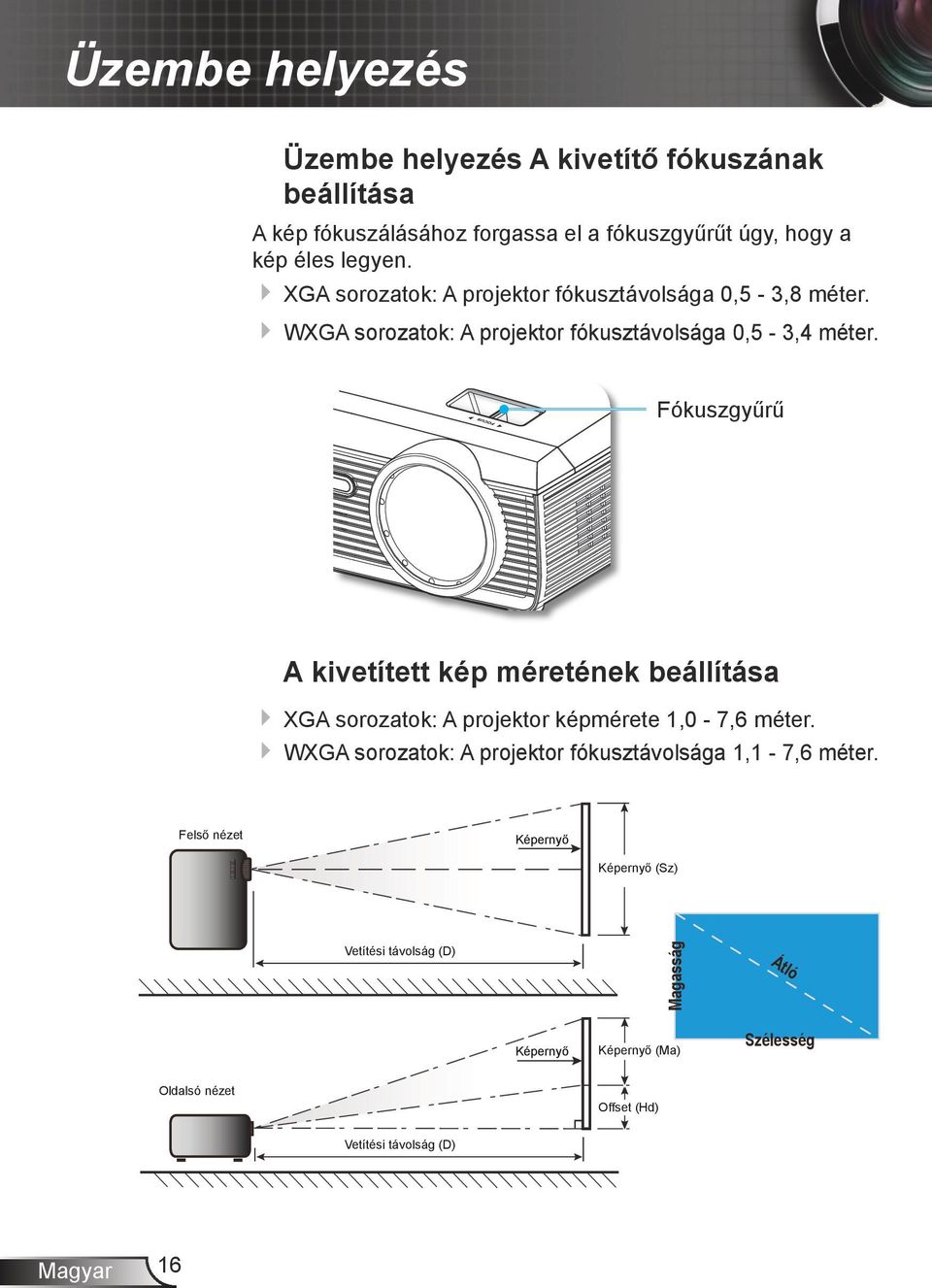 Fókuszgyűrű A kivetített kép méretének beállítása XGA sorozatok: A projektor képmérete 1,0-7,6 méter.