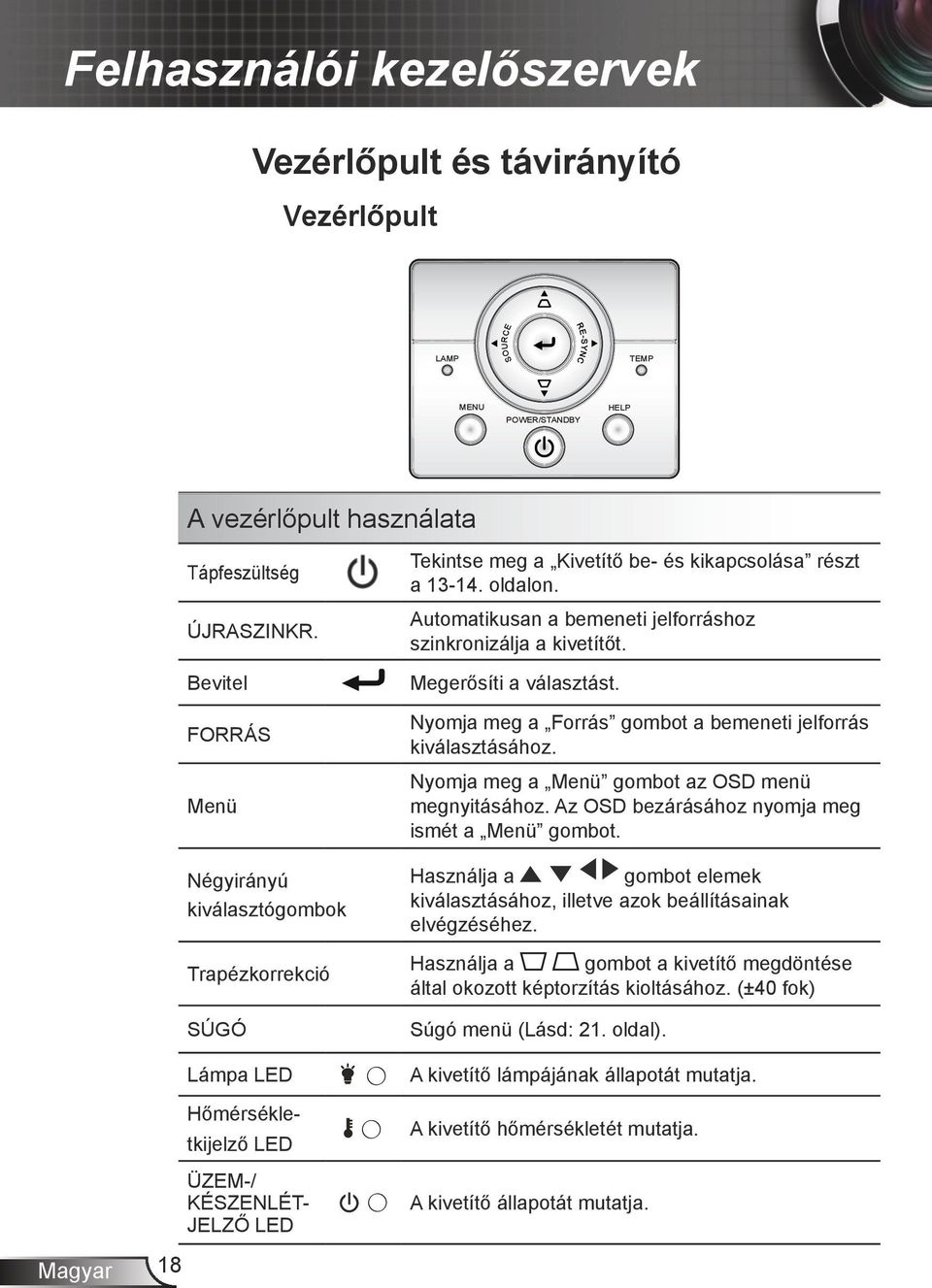 Automatikusan a bemeneti jelforráshoz szinkronizálja a kivetítőt. Megerősíti a választást. Nyomja meg a Forrás gombot a bemeneti jelforrás kiválasztásához.