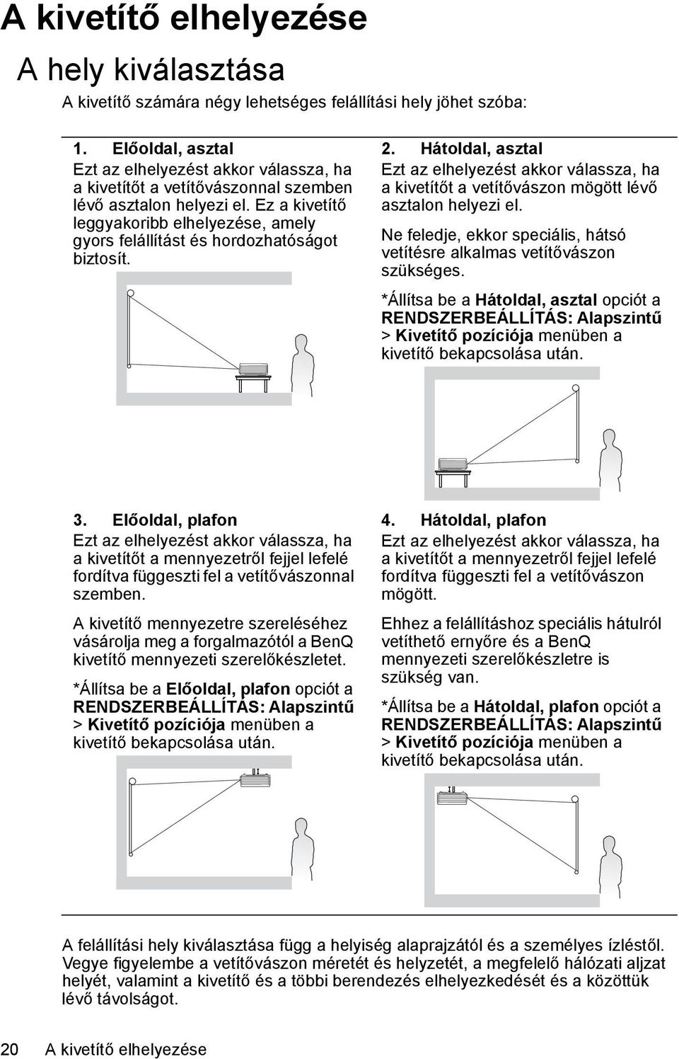 Ez a kivetítő leggyakoribb elhelyezése, amely gyors felállítást és hordozhatóságot biztosít. 2.