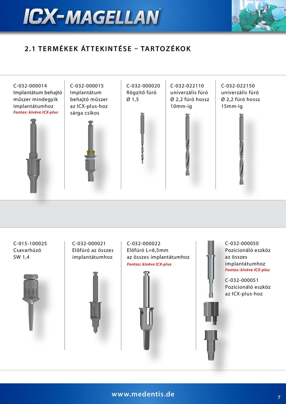 fúró hossz -ig C-015-100025 Csavarhúzó SW 1,4 C-032-000021 Előfúró az összes implantátumhoz C-032-000022 Előfúró L=6,5mm az összes implantátumhoz Fontos: