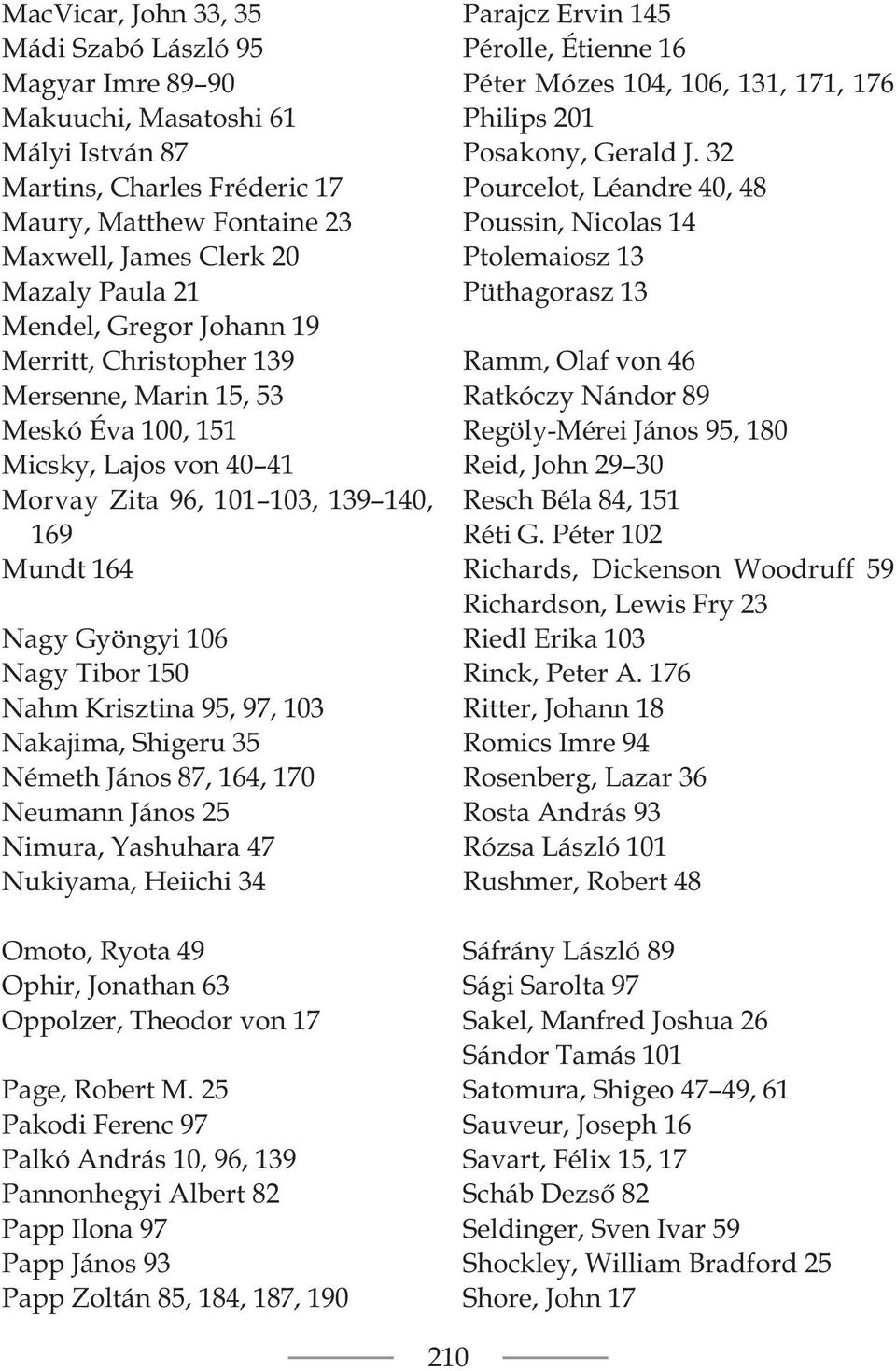 Nahm Krisztina 95, 97, 103 Nakajima, Shigeru 35 Németh János 87, 164, 170 Neumann János 25 Nimura, Yashuhara 47 Nukiyama, Heiichi 34 Omoto, Ryota 49 Ophir, Jonathan 63 Oppolzer, Theodor von 17 Page,